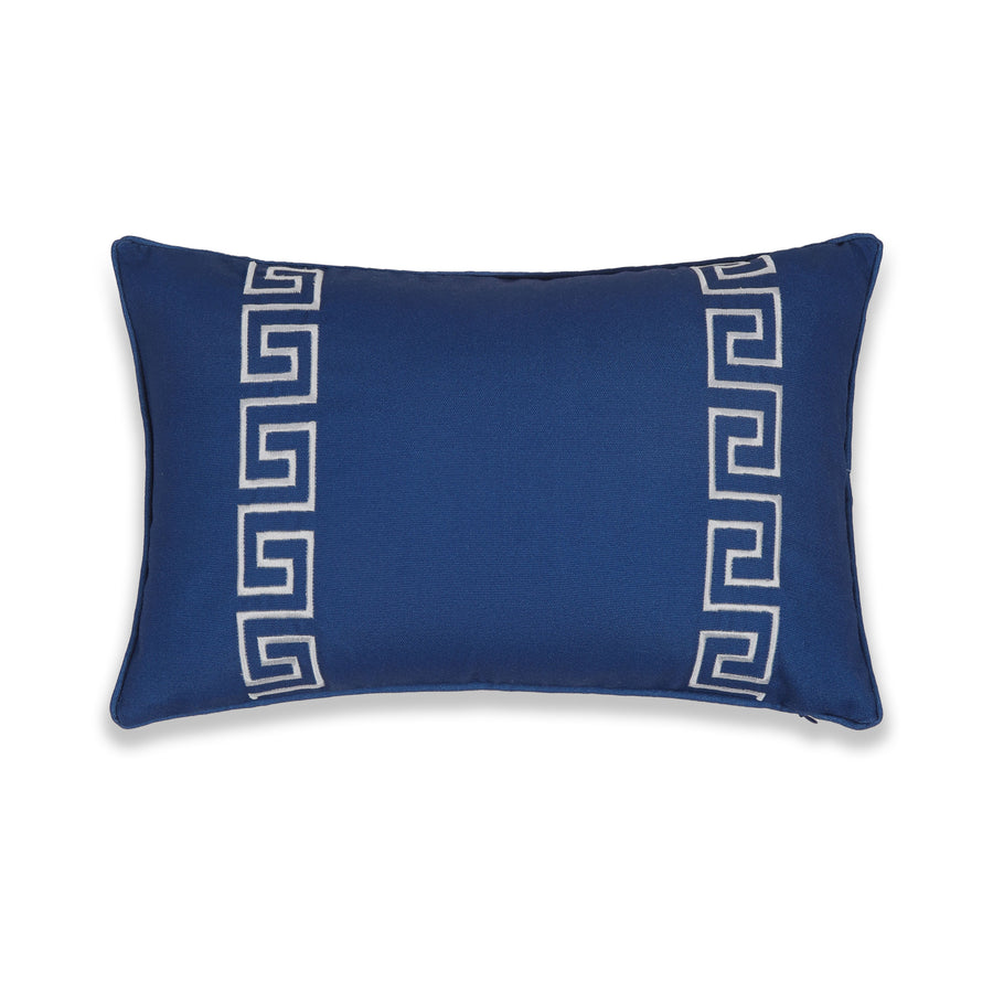 Coastal Indoor Outdoor Lumbar Pillow Cover, Embroidered Greek Key with Piping, Navy Blue, 12