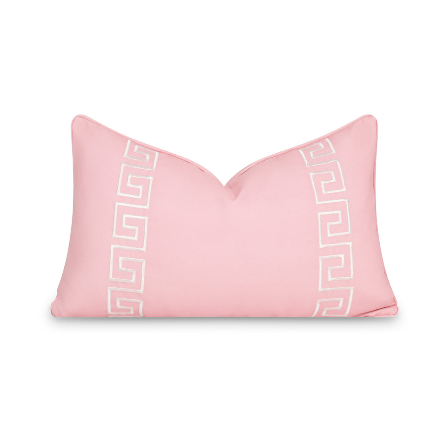 Coastal Indoor Outdoor Lumbar Pillow Cover, Embroidered Greek Key with Piping, Blush Pink, 12
