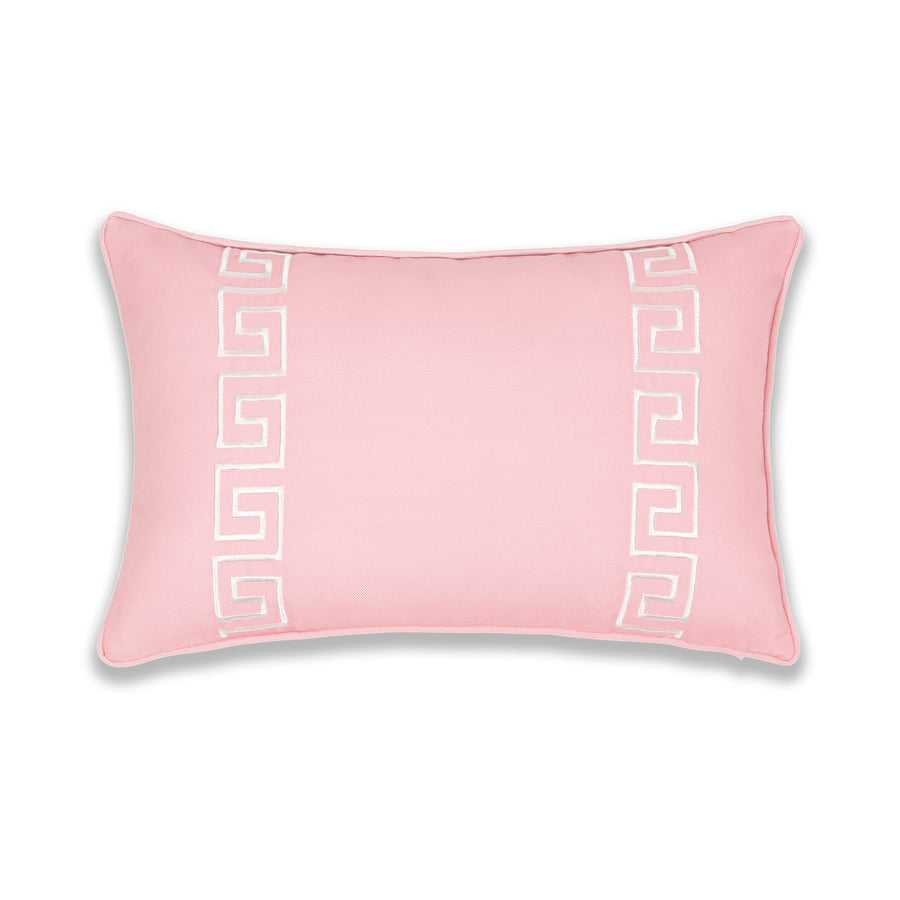 Coastal Indoor Outdoor Lumbar Pillow Cover, Embroidered Greek Key with Piping, Blush Pink, 12