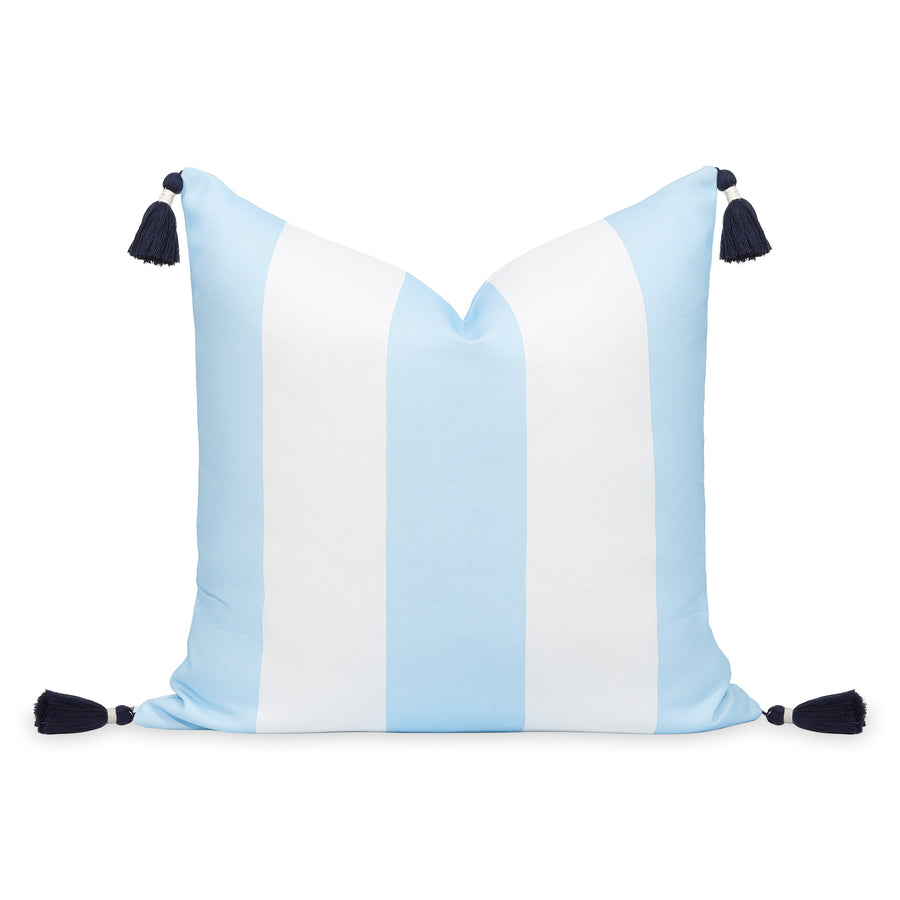 Coastal Indoor Outdoor Throw Pillow Cover, Wide Stripes with Tassels, Baby Blue, 20