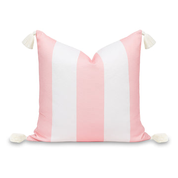 Coastal Indoor Outdoor Throw Pillow Cover, Wide Stripes with Tassels, Blush Pink, 20