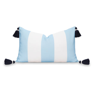 Coastal Indoor Outdoor Lumbar Pillow Cover, Wide Stripes with Tassels, Baby Blue, 12