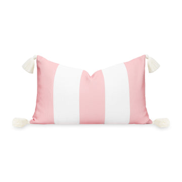 Coastal Indoor Outdoor Lumbar Pillow Cover, Wide Stripes with Tassels, Blush Pink, 12