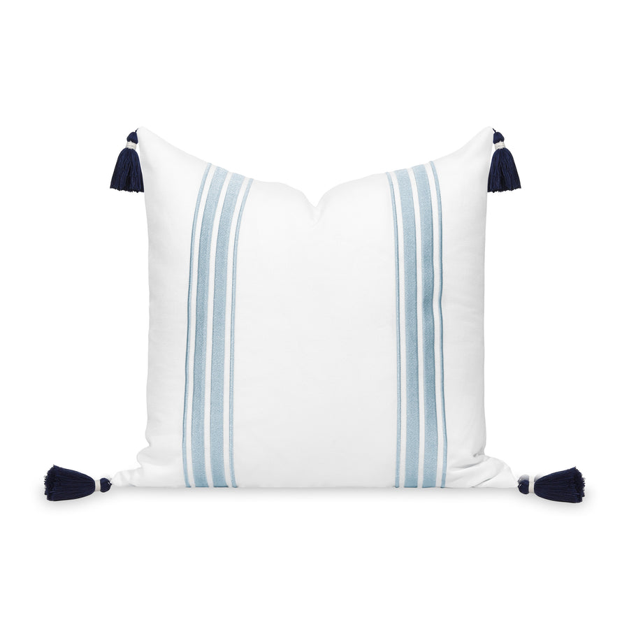 Coastal Indoor Outdoor Throw Pillow Cover, Embroidered Stripes with Tassels, Baby Blue, 20