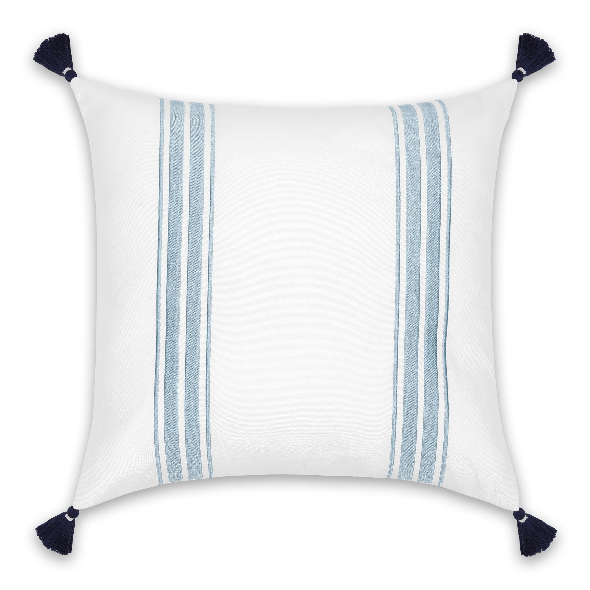 Coastal Indoor Outdoor Throw Pillow Cover, Embroidered Stripes with Tassels, Baby Blue, 20&quot;x20&quot;