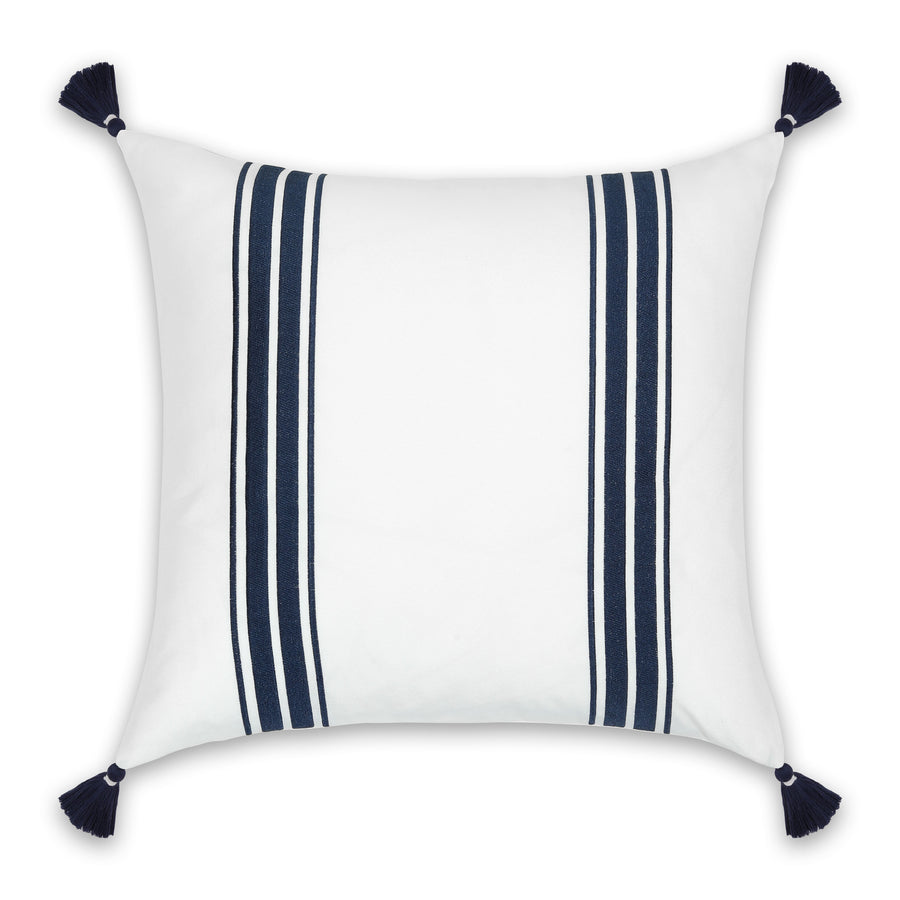 Coastal Indoor Outdoor Throw Pillow Cover, Embroidered Stripes with Tassels, Navy Blue, 20