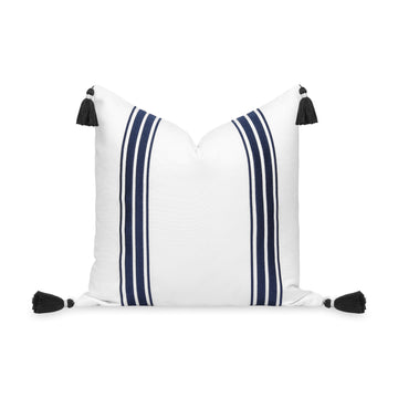 Coastal Indoor Outdoor Throw Pillow Cover, Embroidered Stripes with Tassels, Navy Blue, 20