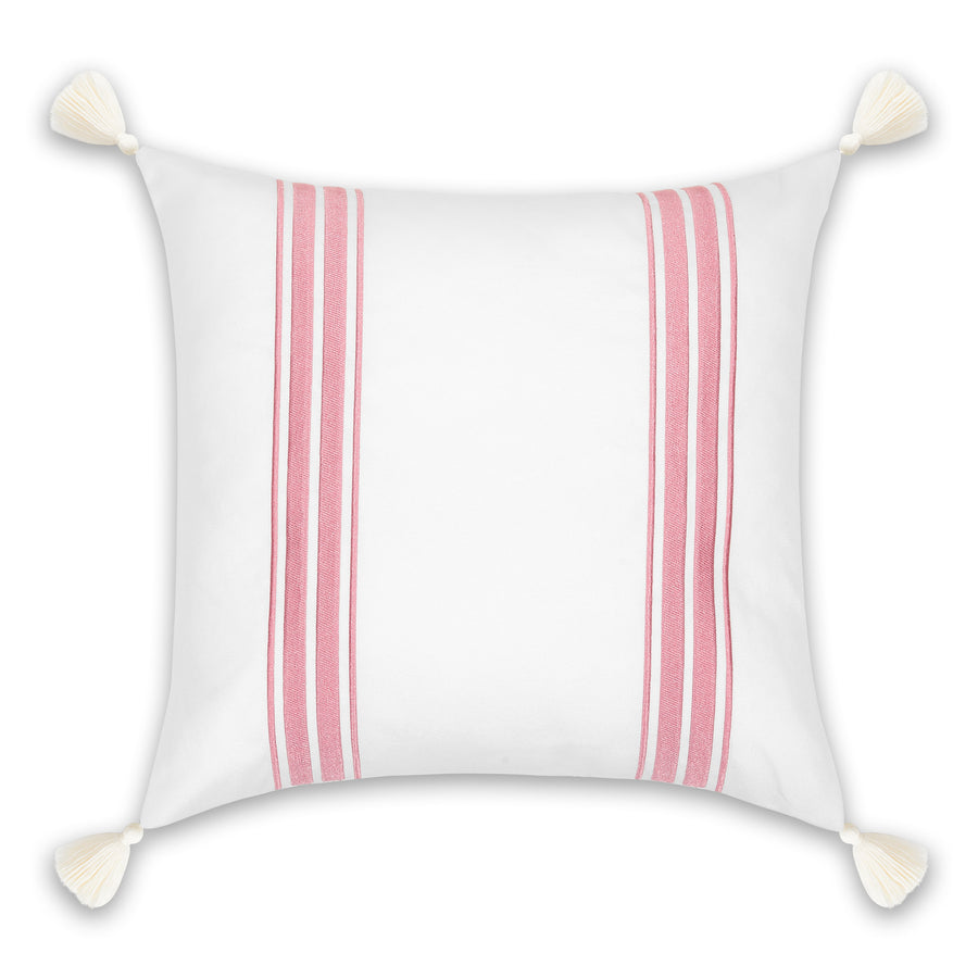 Coastal Indoor Outdoor Throw Pillow Cover, Embroidered Stripes with Tassels, Blush Pink, 20