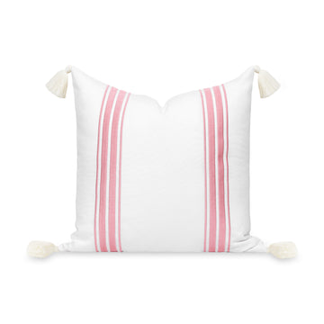 Coastal Indoor Outdoor Throw Pillow Cover, Embroidered Stripes with Tassels, Blush Pink, 20