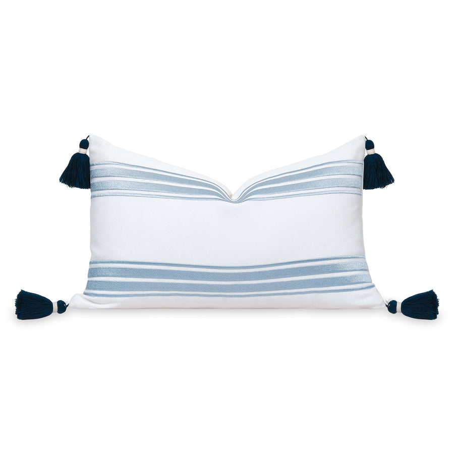 Coastal Indoor Outdoor Lumbar Pillow Cover, Embroidered Stripes with Tassels, Baby Blue, 12