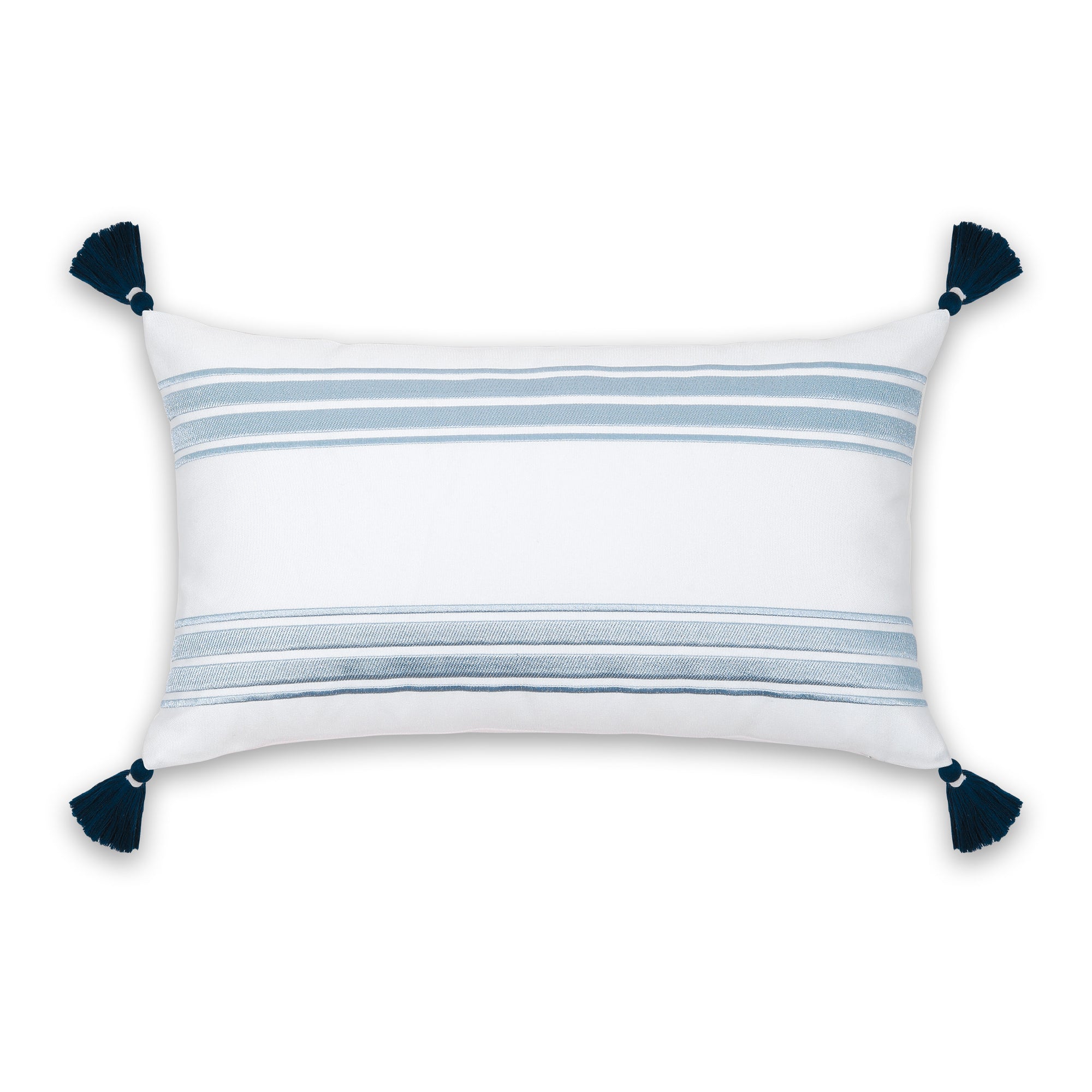 Coastal Indoor Outdoor Lumbar Pillow Cover, Embroidered Stripes with Tassels, Baby Blue, 12&quot;x20&quot;