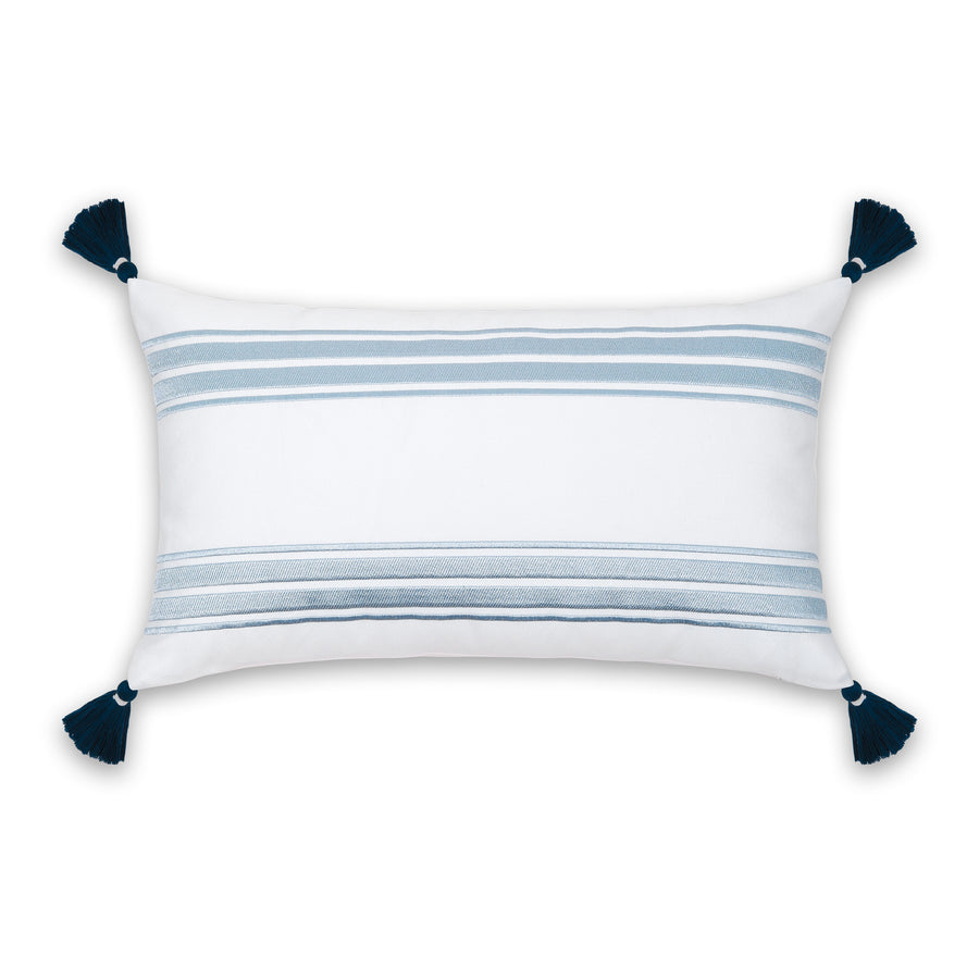 Coastal Indoor Outdoor Lumbar Pillow Cover, Embroidered Stripes with Tassels, Baby Blue, 12