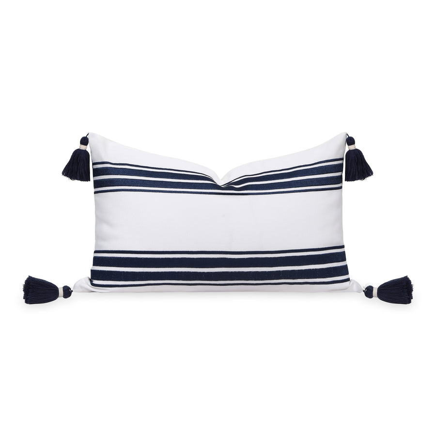 Coastal Indoor Outdoor Lumbar Pillow Cover, Embroidered Stripes with Tassels, Navy Blue, 12