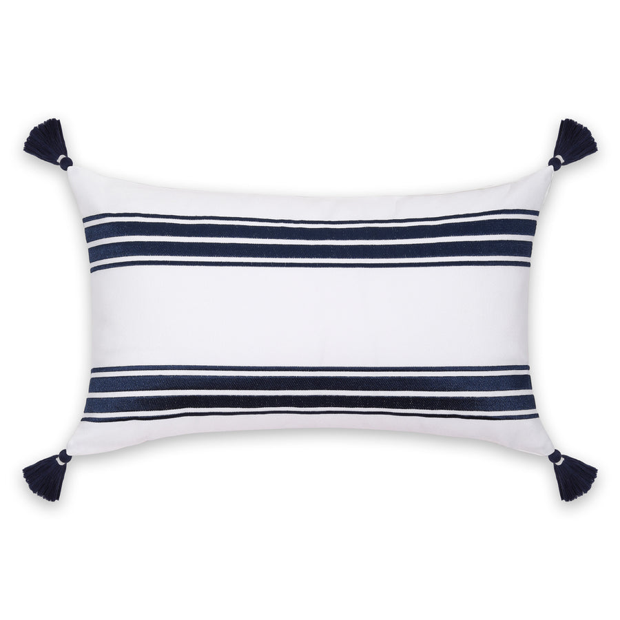 Coastal Indoor Outdoor Lumbar Pillow Cover, Embroidered Stripes with Tassels, Navy Blue, 12