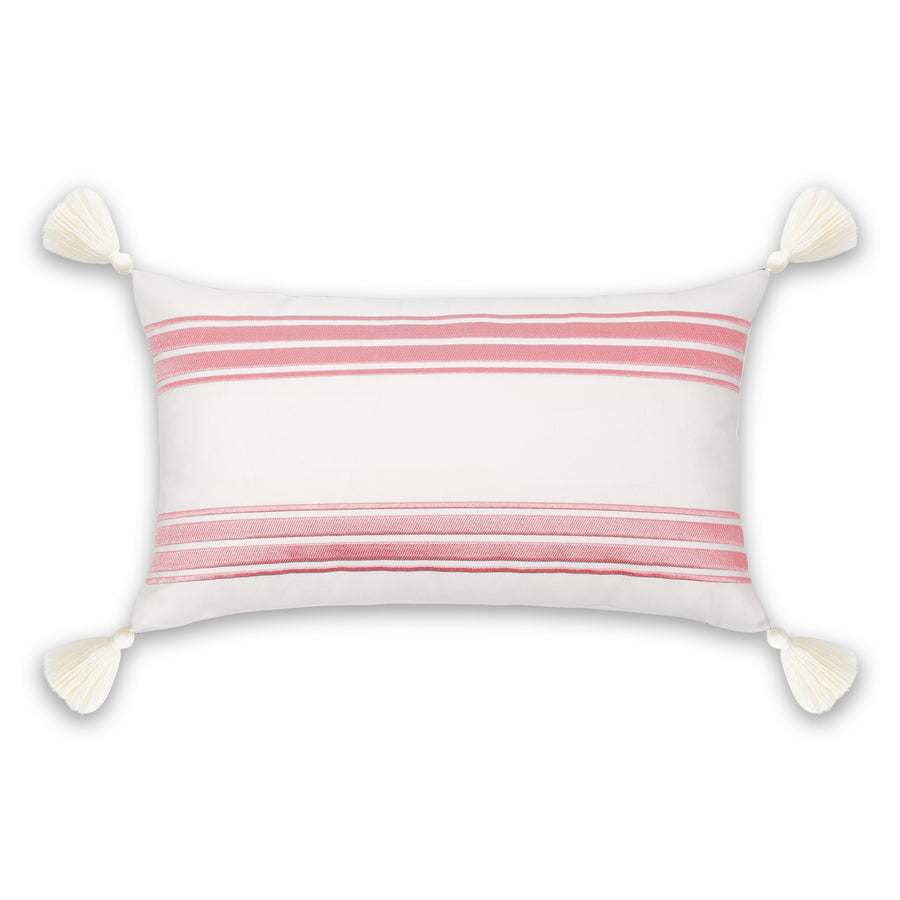 Coastal Indoor Outdoor Lumbar Pillow Cover, Embroidered Stripes with Tassels, Blush Pink, 12