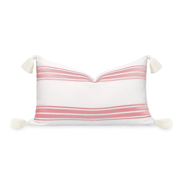 Coastal Indoor Outdoor Lumbar Pillow Cover, Embroidered Stripes with Tassels, Blush Pink, 12