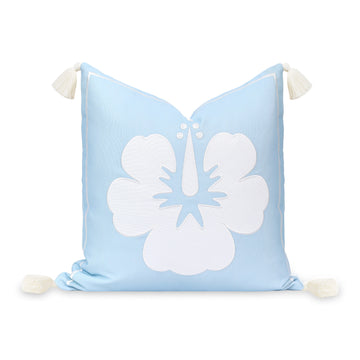 Coastal Indoor Outdoor Throw Pillow Cover, Embroidered Hibiscus Floral with Tassels, Baby Blue, 18