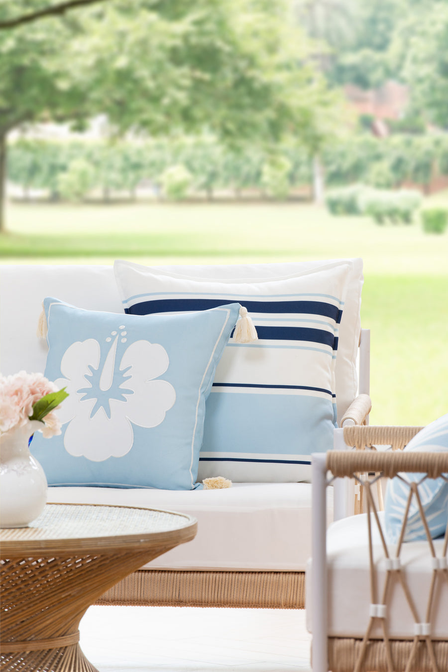 Coastal Indoor Outdoor Throw Pillow Cover, Embroidered Hibiscus Floral with Tassels, Baby Blue, 18