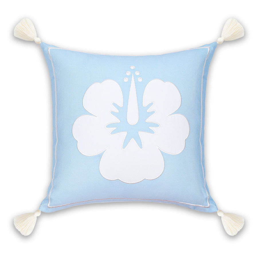 Coastal Indoor Outdoor Throw Pillow Cover, Embroidered Hibiscus Floral with Tassels, Baby Blue, 18