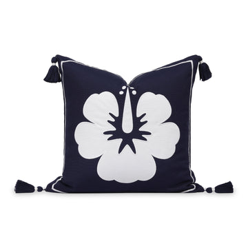 Coastal Outdoor Performance Pillow Cover, Embroidered Hibiscus Floral with Tassels, Dark Navy Blue, 18