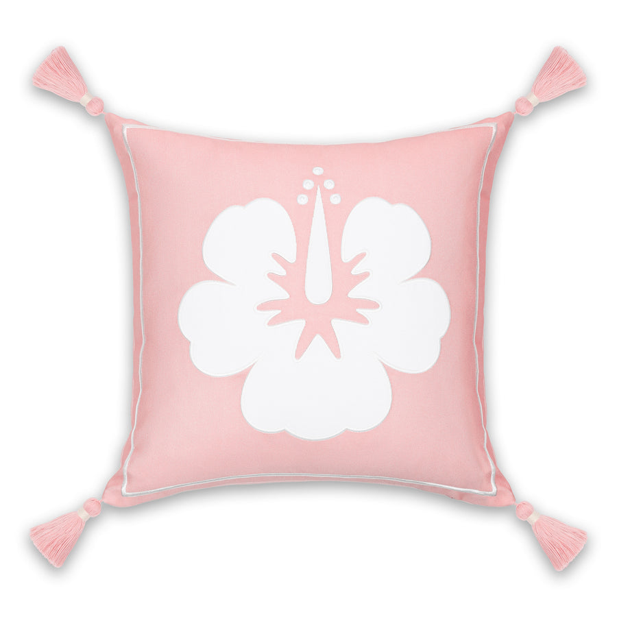 Coastal Indoor Outdoor Throw Pillow Cover, Embroidered Hibiscus Floral with Tassels, Blush Pink, 18