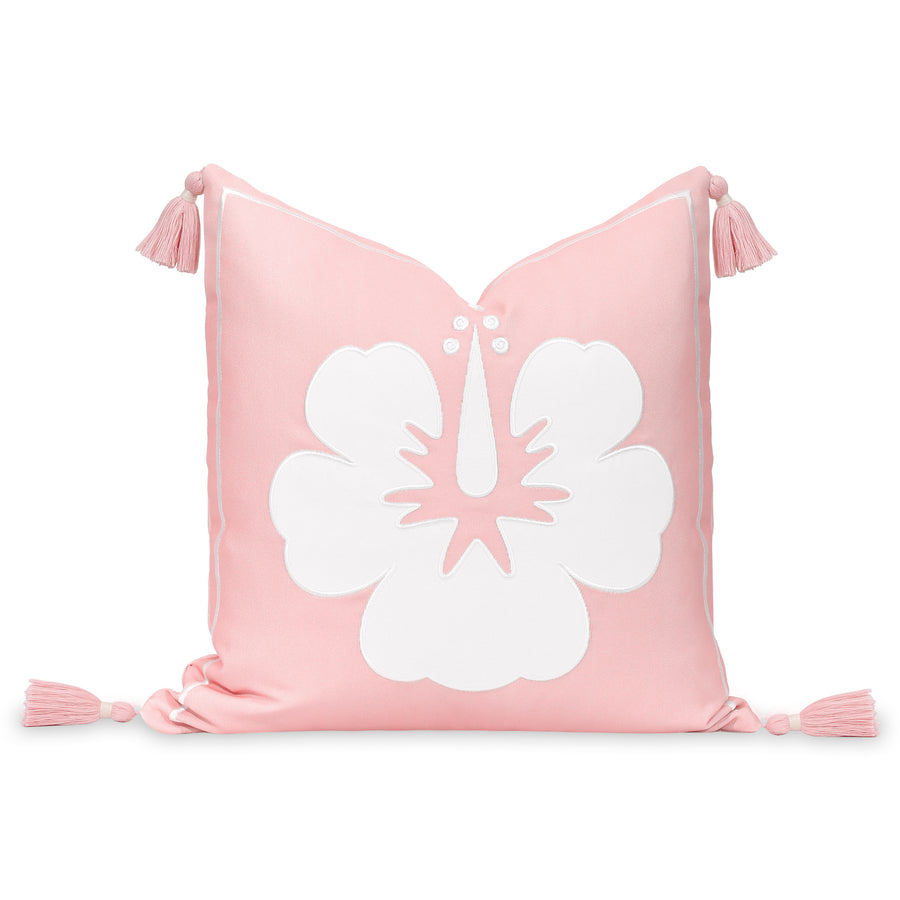 Coastal Indoor Outdoor Throw Pillow Cover, Embroidered Hibiscus Floral with Tassels, Blush Pink, 18