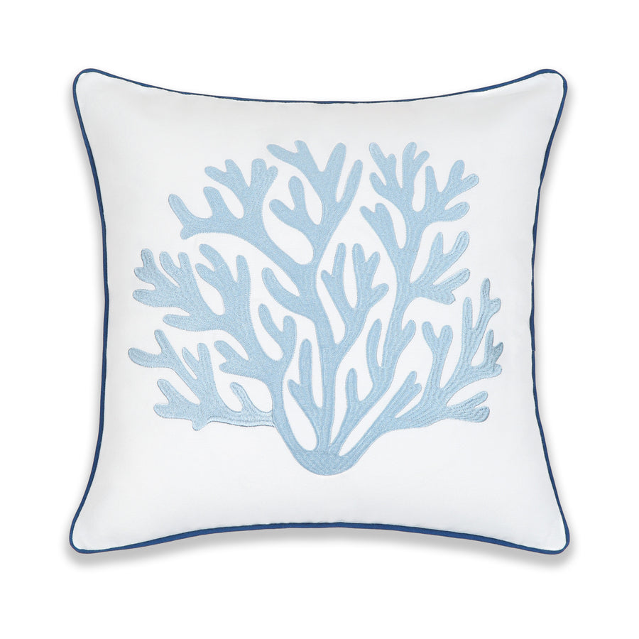 Coastal Indoor Outdoor Throw Pillow Cover, Embroidered Sea Life Coral with Piping, Navy Baby Blue, 20