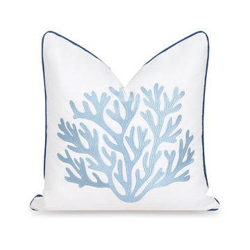 Coastal Indoor Outdoor Throw Pillow Cover, Embroidered Sea Life Coral with Piping, Navy Baby Blue, 20