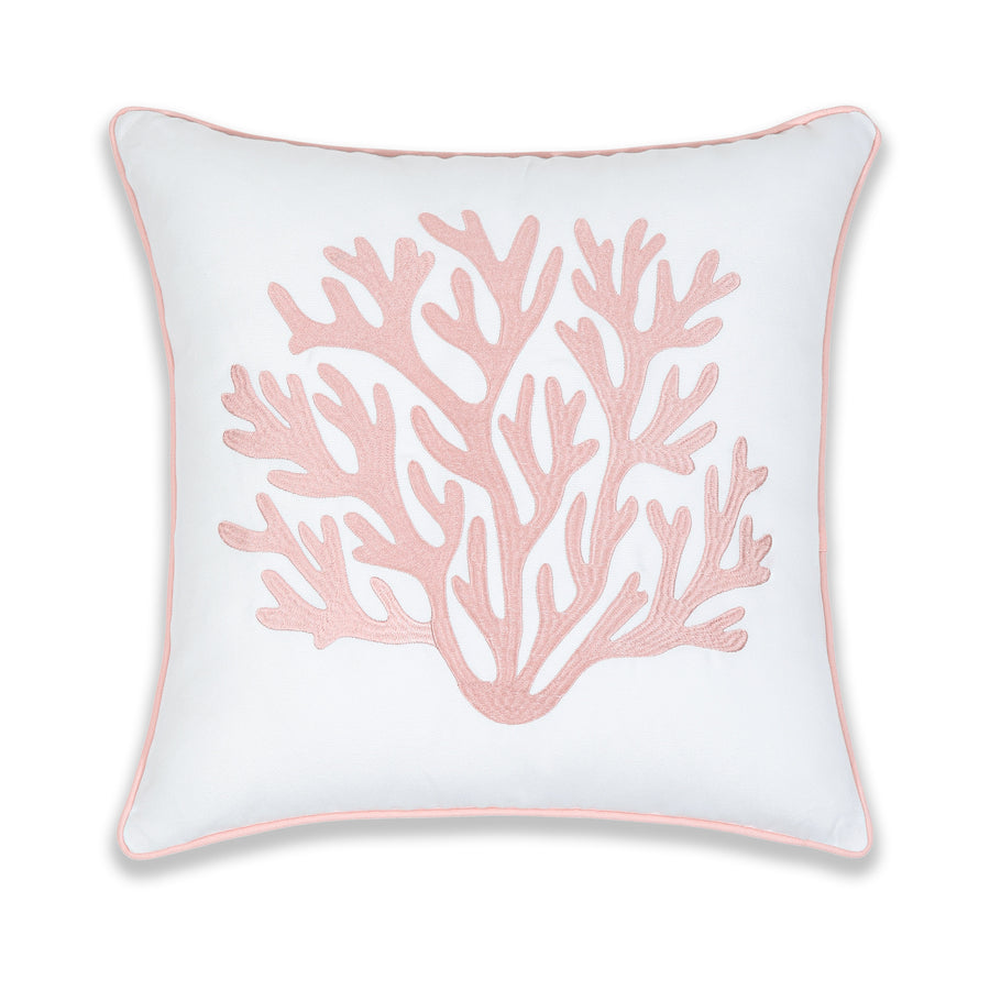 Coastal Indoor Outdoor Throw Pillow Cover, Embroidered Sea Life Coral with Piping, Blush Pink, 20
