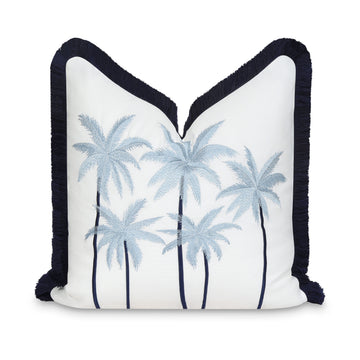 Coastal Indoor Outdoor Throw Pillow Cover, Embroidered Coconut Tree with Fringe, Baby Blue, 20