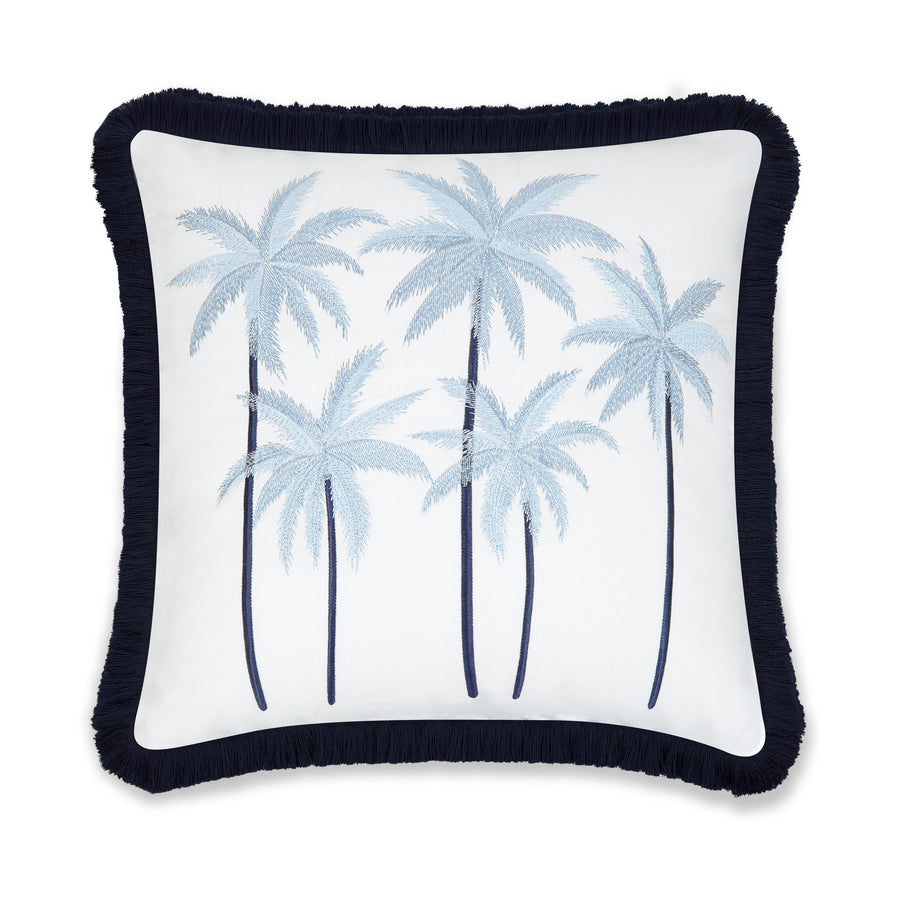 Coastal Indoor Outdoor Throw Pillow Cover, Embroidered Coconut Tree with Fringe, Baby Blue, 20