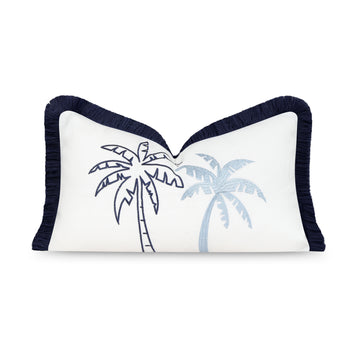 Coastal Indoor Outdoor Lumbar Pillow Cover, Embroidered Coconut Tree with Fringe, Baby Blue, 12