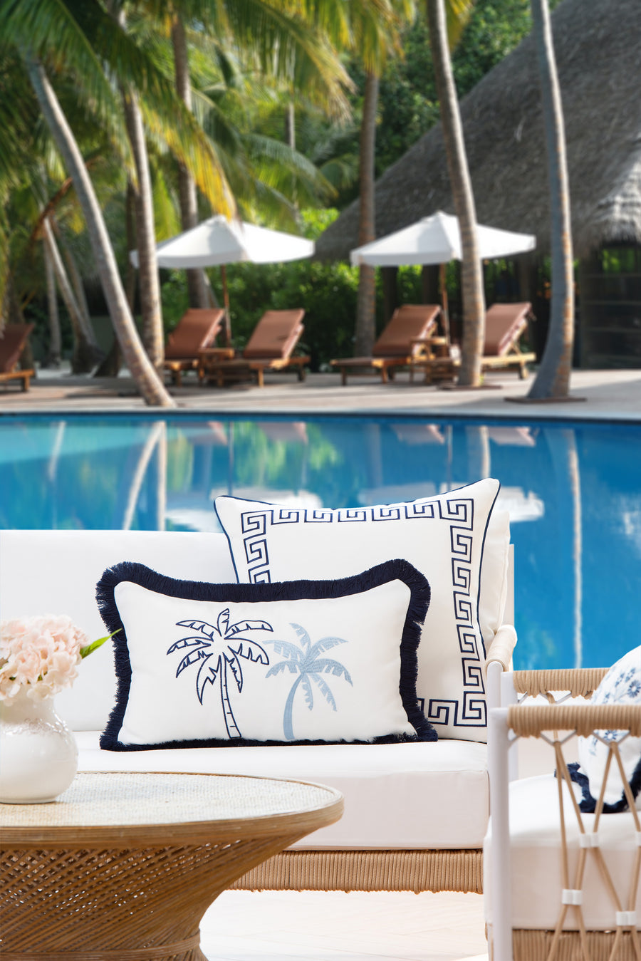 Coastal Indoor Outdoor Lumbar Pillow Cover, Embroidered Coconut Tree with Fringe, Baby Blue, 12