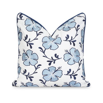 Coastal Indoor Outdoor Throw Pillow Cover, Embroidered Hibiscus Floral with Piping, Baby Navy Blue, 18