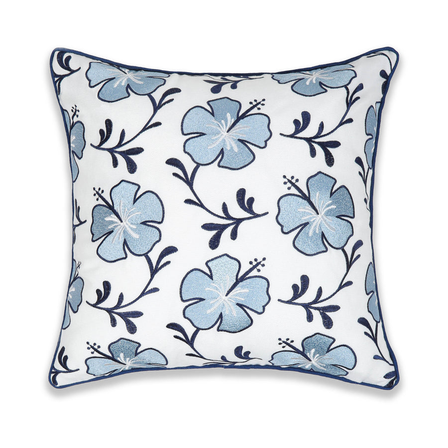 Coastal Indoor Outdoor Throw Pillow Cover, Embroidered Hibiscus Floral with Piping, Baby Navy Blue, 18