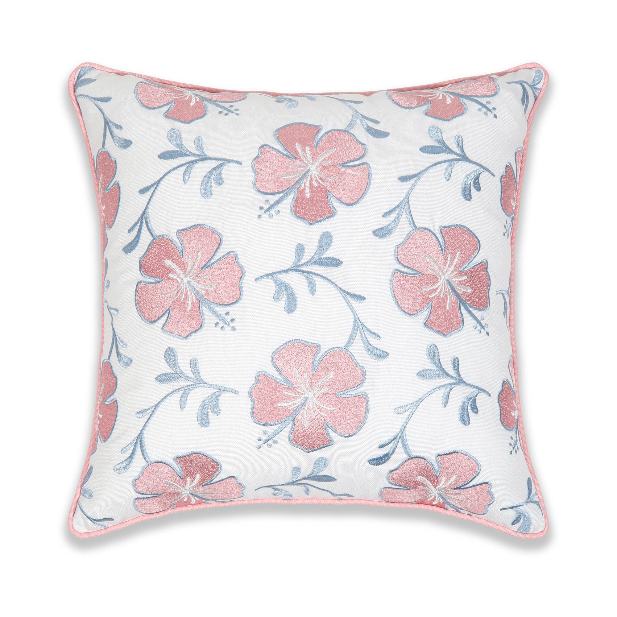 Coastal Indoor Outdoor Throw Pillow Cover, Embroidered Hibiscus Floral with Piping, Blush Pink Baby Blue, 18&quot;x18&quot;