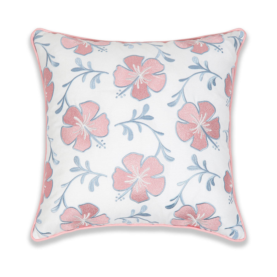 Coastal Indoor Outdoor Throw Pillow Cover, Embroidered Hibiscus Floral with Piping, Blush Pink Baby Blue, 18