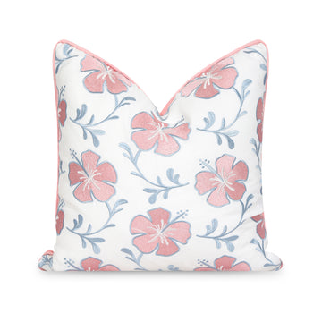 Coastal Indoor Outdoor Throw Pillow Cover, Embroidered Hibiscus Floral with Piping, Blush Pink Baby Blue, 18