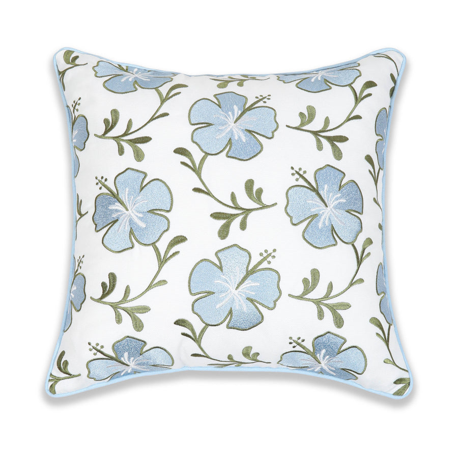 Coastal Indoor Outdoor Throw Pillow Cover, Embroidered Hibiscus Floral with Piping, Baby Blue Green, 18