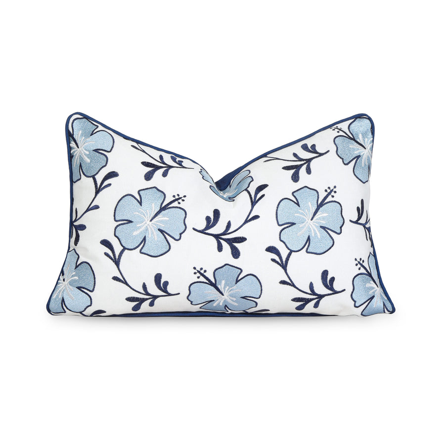 Coastal Indoor Outdoor Lumbar Pillow Cover, Embroidered Hibiscus Floral with Piping, Baby Navy Blue, 12