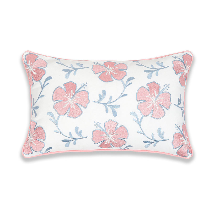 Coastal Indoor Outdoor Lumbar Pillow Cover, Embroidered Hibiscus Floral with Piping, Blush Pink Baby Blue, 12