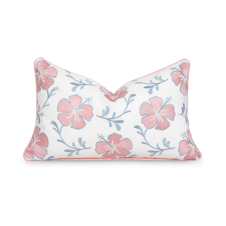 Coastal Indoor Outdoor Lumbar Pillow Cover, Embroidered Hibiscus Floral with Piping, Blush Pink Baby Blue, 12