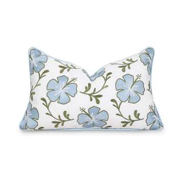 Coastal Indoor Outdoor Lumbar Pillow Cover, Embroidered Hibiscus Floral with Piping, Baby Blue Green, 12