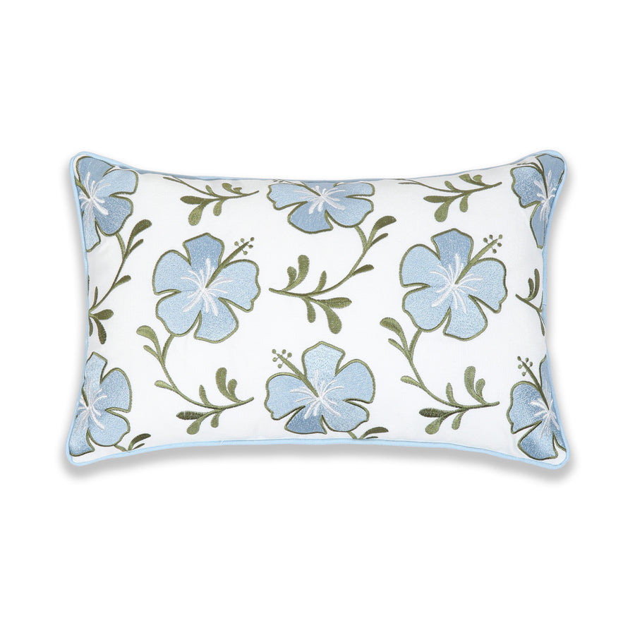 Coastal Indoor Outdoor Lumbar Pillow Cover, Embroidered Hibiscus Floral with Piping, Baby Blue Green, 12