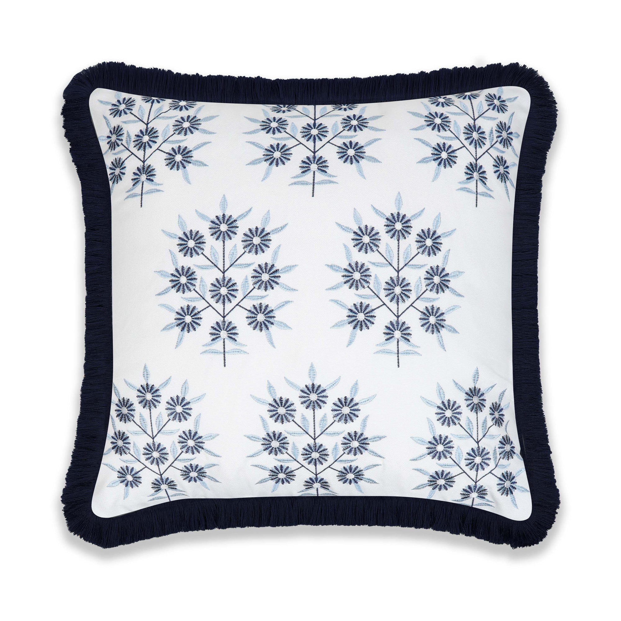 Coastal Indoor Outdoor Throw Pillow Cover, Embroidered Floral with Fringe, Navy Blue, 20&quot;x20&quot;
