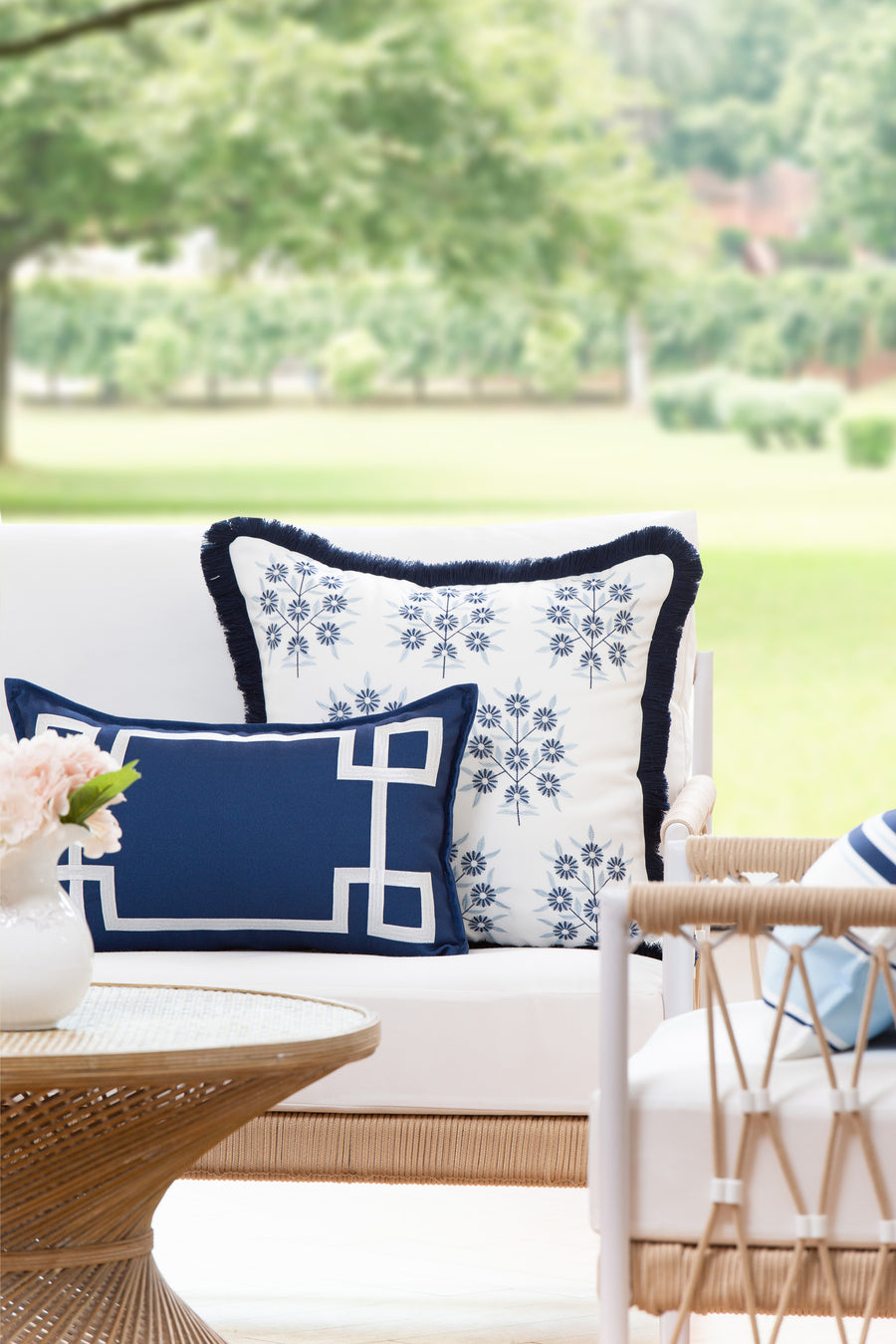 Coastal Indoor Outdoor Throw Pillow Cover, Embroidered Floral with Fringe, Navy Blue, 20