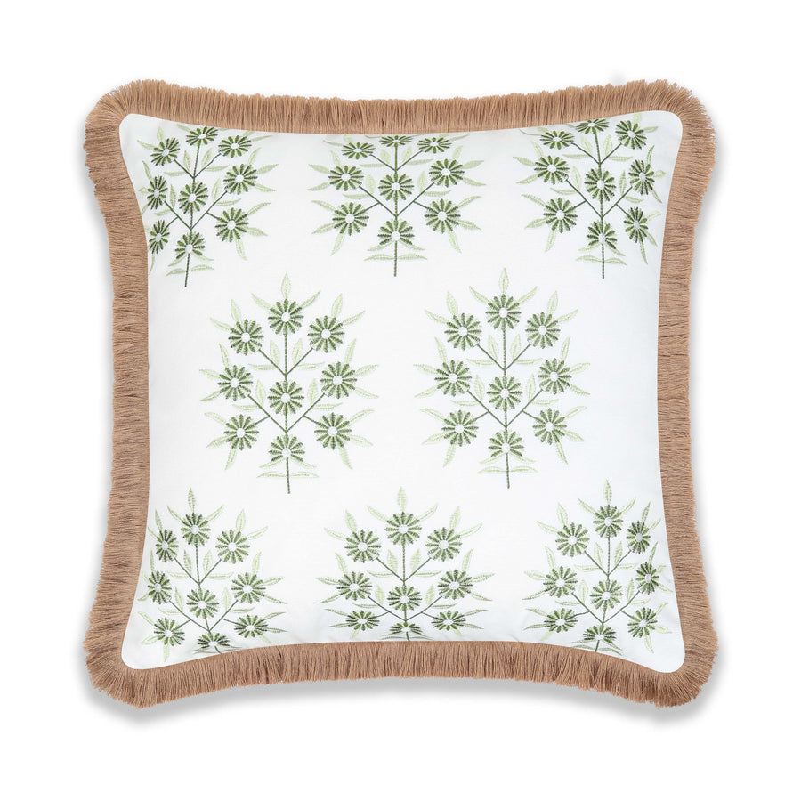 Coastal Indoor Outdoor Throw Pillow Cover, Embroidered Floral with Fringe, Green, 20