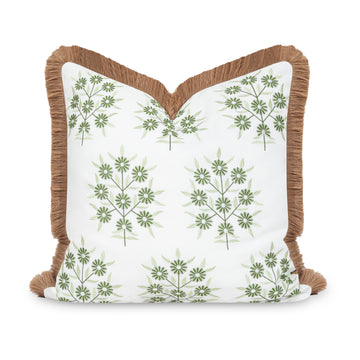 Coastal Indoor Outdoor Throw Pillow Cover, Embroidered Floral with Fringe, Green, 20