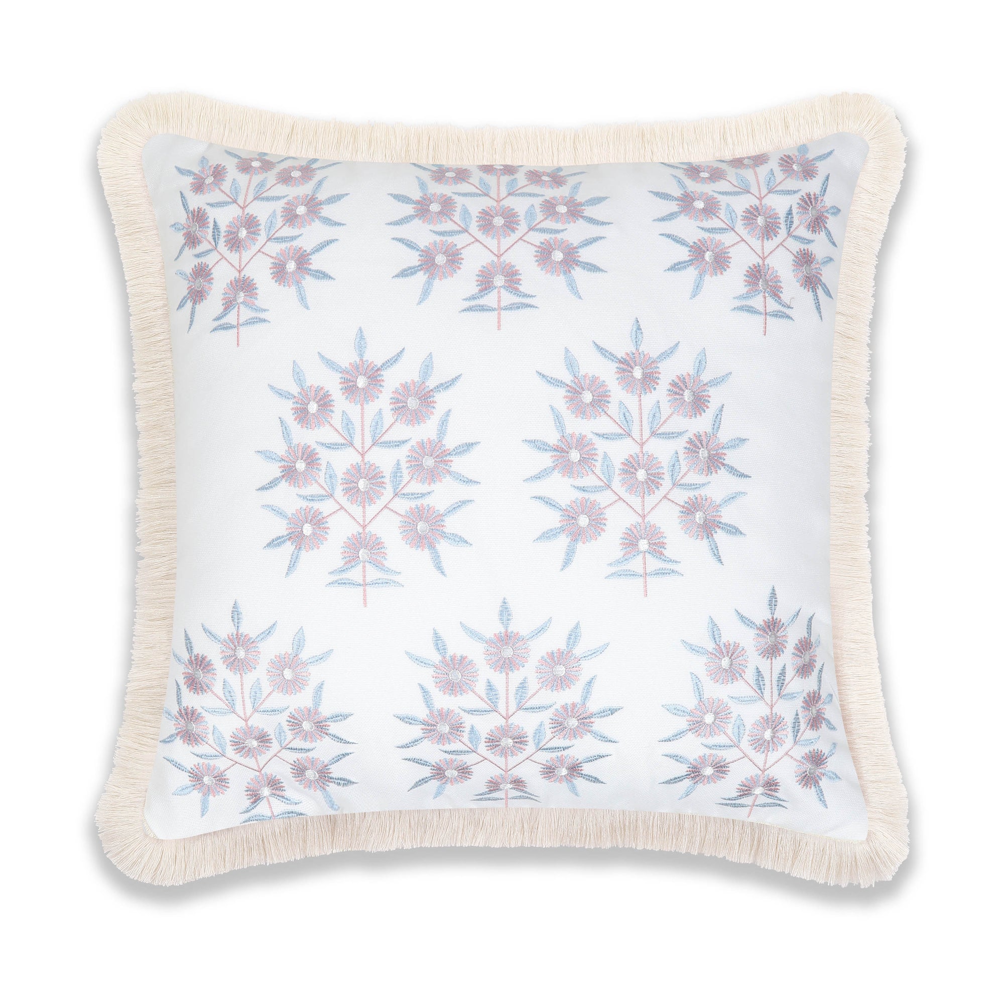 Coastal Indoor Outdoor Throw Pillow Cover, Embroidered Floral with Fringe, Blush Pink, 20&quot;x20&quot;