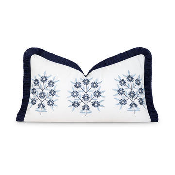 Coastal Indoor Outdoor Lumbar Pillow Cover, Embroidered Floral with Fringe, Navy Blue, 12